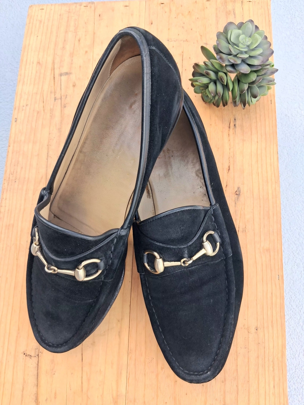 Vintage Gucci Men's Black Suede Loafers w/Gold Horsebit Hardware Size 45.5/12